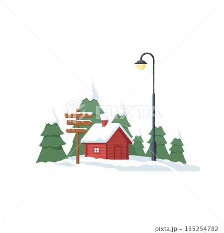 Snowy winter cabin with pine trees street lamp and wooden signpost vector illustration in simple landscape scene 135254782
