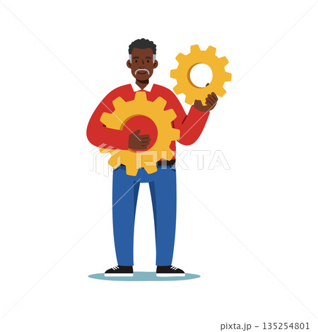 Man holding yellow gears standing and smiling in casual clothing vector illustration 135254801