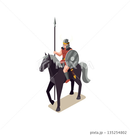 Warrior riding black horse holding spear and shield in medieval armor vector illustration 135254802