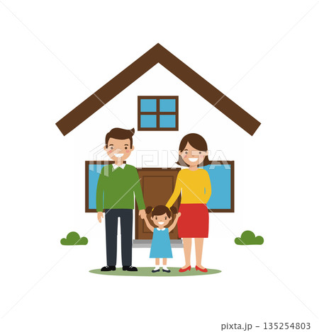 Happy family standing outside modern house holding hands together smiling cheerful vector illustration 135254803