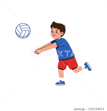 Boy playing volleyball hitting ball with forearms in active sport scene vector illustration 135254813