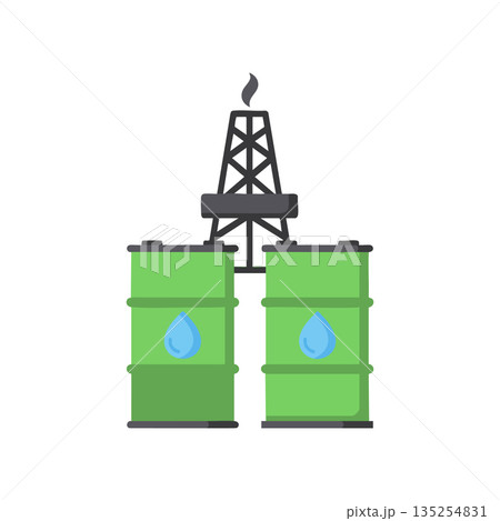 Oil barrels and oil rig vector illustration showing energy resource and industrial equipment in green color for environmental impact concept Oil barrels and oil rig vector illustration showing energy resource and industrial equipment in green color for environmental impact concept 135254831