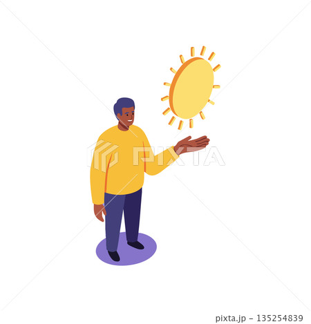 Man in yellow sweater holding floating sun icon smiling cheerful isolated vector illustration 135254839