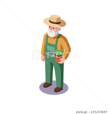 Elderly gardener holding potted plant wearing green overalls and straw hat in isometric style vector illustration Elderly gardener holding potted plant wearing green overalls and straw hat in isometric style vector illustration 135254847