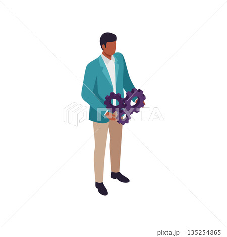 Businessman holding purple gears as symbols of teamwork and engineering in modern vector design illustration 135254865