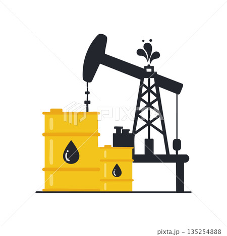 Oil pumpjack with yellow barrels and black oil drops vector illustration of petroleum extraction industry equipment and energy resources Oil pumpjack with yellow barrels and black oil drops vector illustration of petroleum extraction industry equipment and energy resources 135254888