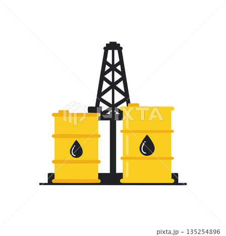 Oil barrels with drilling rig vector illustration showing energy resource concept in yellow and black colors for industry design 135254896