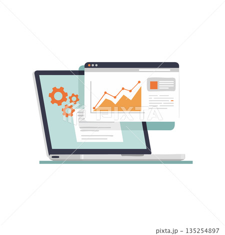Laptop with gears and rising graph analytics chart for business data analysis and productivity vector illustration 135254897