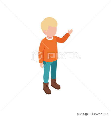 Boy wearing orange sweater and blue pants standing and waving hand vector illustration Boy wearing orange sweater and blue pants standing and waving hand vector illustration 135254902