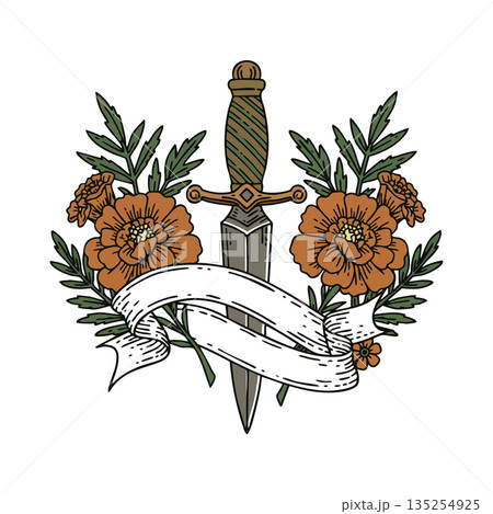 Decorative vintage dagger with orange flowers and green leaves vector illustration design 135254925