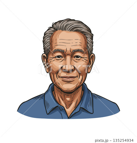 Elderly Asian man portrait with gray hair and blue shirt vector illustration smiling calm expression 135254934