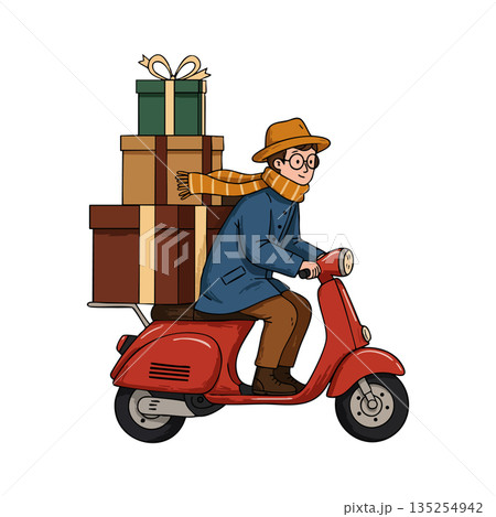 Man Riding Red Scooter Delivering Stacked Gift Boxes Illustration Vector Man Riding Red Scooter Delivering Stacked Gift Boxes Illustration Vector 135254942