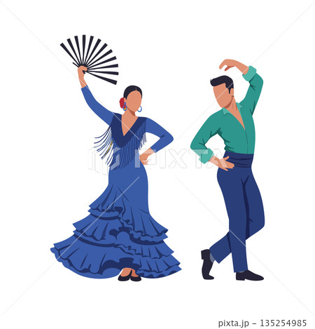 Flamenco dancers performing traditional Spanish dance with blue dress and fan vector illustration Flamenco dancers performing traditional Spanish dance with blue dress and fan vector illustration 135254985