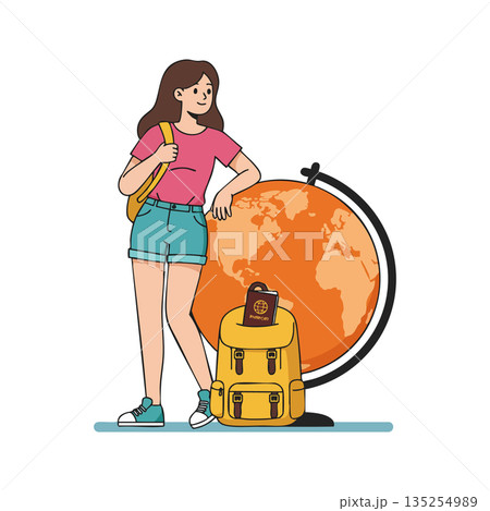 Young woman traveler with yellow backpack and globe exploring world travel concepts vector illustration Young woman traveler with yellow backpack and globe exploring world travel concepts vector illustration 135254989