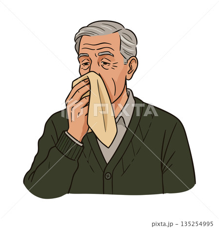 Elderly man blowing nose with handkerchief in cold or allergy symptom relief vector illustration Elderly man blowing nose with handkerchief in cold or allergy symptom relief vector illustration 135254995