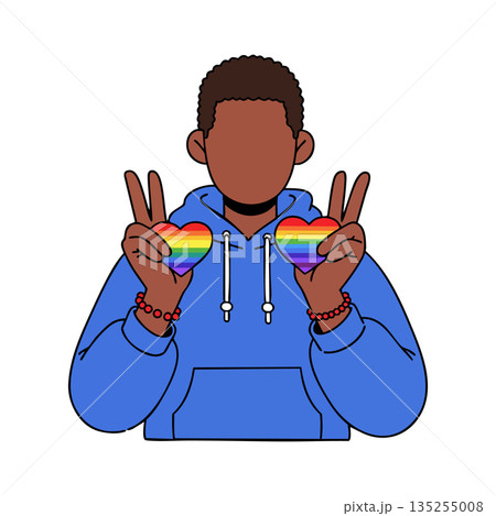 Person wearing blue hoodie holding rainbow heart symbols showing peace signs vector 135255008
