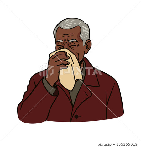 Elderly man in maroon coat blowing nose with tissue vector illustration 135255019