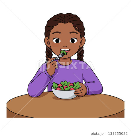Girl eating healthy salad at table with purple shirt vector illustration Girl eating healthy salad at table with purple shirt vector illustration 135255022