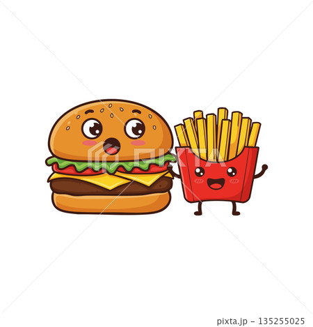 Cute cartoon hamburger with smiling french fries fast food vector illustration Cute cartoon hamburger with smiling french fries fast food vector illustration 135255025