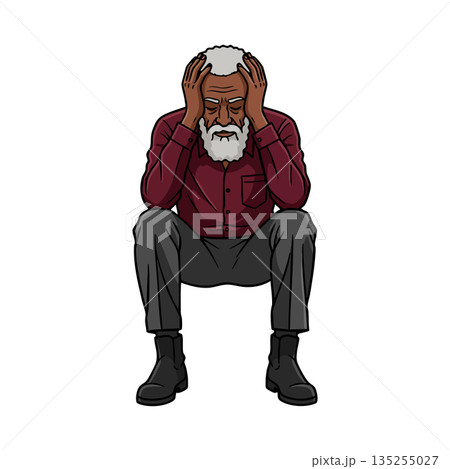 Elderly man sitting stressed with hands on head vector illustration 135255027