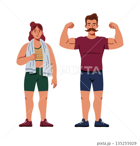 Fit man and woman in sportswear showing strength and fitness in gym vector illustration 135255029