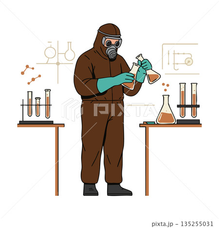 Scientist in Hazmat Suit Conducting Chemical Experiment with Flasks and Test Tubes Vector Illustration Scientist in Hazmat Suit Conducting Chemical Experiment with Flasks and Test Tubes Vector Illustration 135255031
