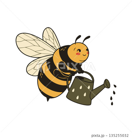 Cute bee holding watering can vector with beige wings and yellow black stripes Cute bee holding watering can vector with beige wings and yellow black stripes 135255032