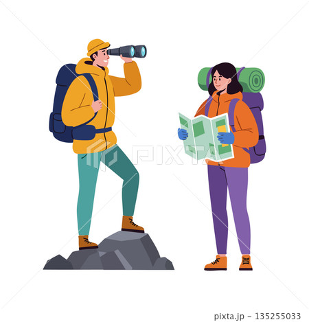 Hikers with binoculars and map exploring outdoor adventure in nature trekking vector illustration 135255033