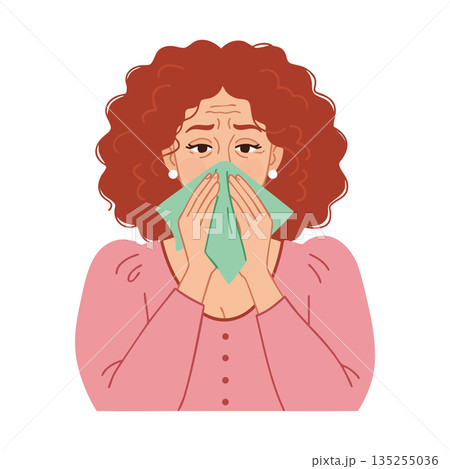 Woman with red curly hair blowing nose using green tissue illustration in pink blouse Woman with red curly hair blowing nose using green tissue illustration in pink blouse 135255036