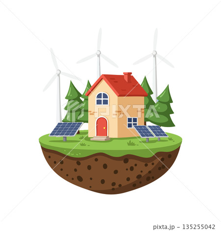 Sustainable house with solar panels and wind turbines surrounded by pine trees vector illustration 135255042