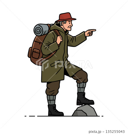 Hiker with backpack and rolled mat pointing while standing on rock outdoor adventure vector 135255043