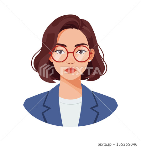 Young woman with short brown hair wearing red glasses and blue jacket vector illustration 135255046