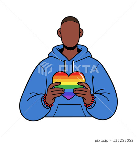 Person holding rainbow heart symbol of LGBTQ pride in blue hoodie vector illustration Person holding rainbow heart symbol of LGBTQ pride in blue hoodie vector illustration 135255052