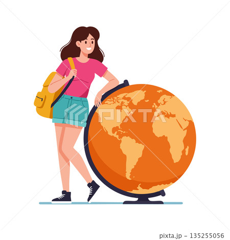 Young Woman Traveler with Backpack Standing Next to Orange Globe Illustration Vector 135255056