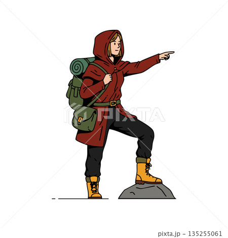 Hiker in red jacket with backpack pointing forward standing on rock vector illustration 135255061