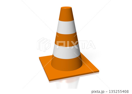 Single orange and white traffic cone on white background - 3D illustration 135255408