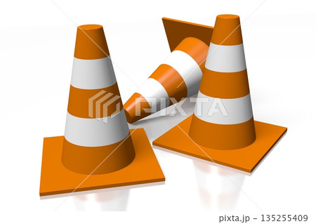 Three orange and white traffic cones on white background - 3D illustration Three orange and white traffic cones on white background - 3D illustration 135255409