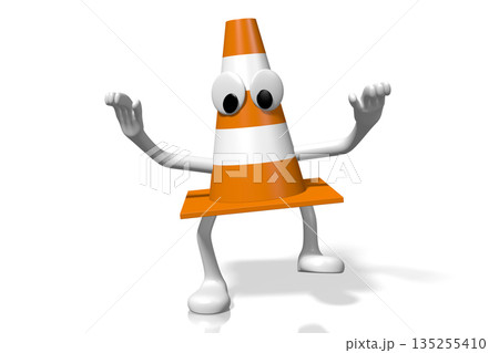 Single cartoon orange traffic cone on white background - 3D illustration Single cartoon orange traffic cone on white background - 3D illustration 135255410