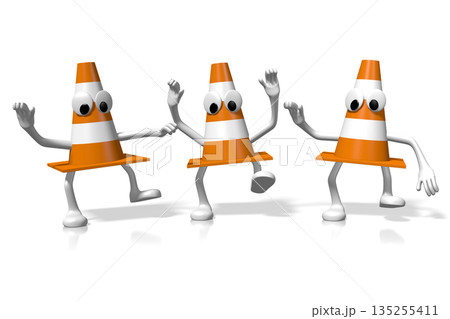 Three cartoon orange traffic cones on white background - 3D illustration Three cartoon orange traffic cones on white background - 3D illustration 135255411