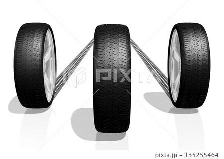 Three car wheels on white background - 3D illustration Three car wheels on white background - 3D illustration 135255464
