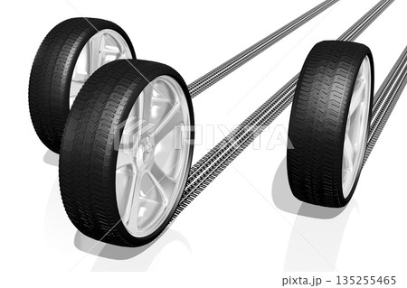 Three car wheels on white background - 3D illustration 135255465