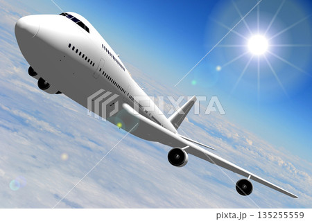 Passenger jet plane flying in the air - 3D illustration 135255559