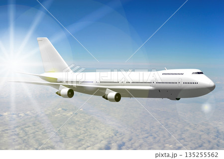 Passenger jet plane flying in the air - 3D illustration Passenger jet plane flying in the air - 3D illustration 135255562