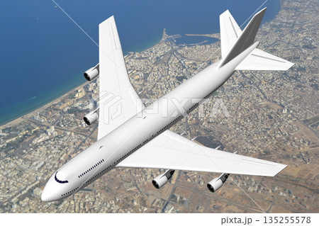 Passenger jet plane flying in the air - 3D illustration Passenger jet plane flying in the air - 3D illustration 135255578
