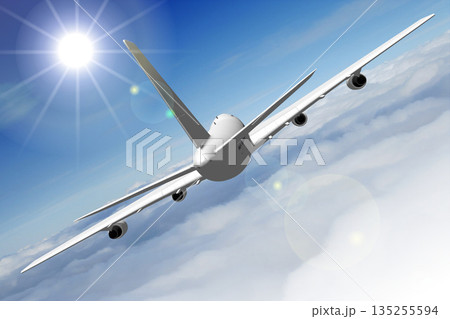 Passenger jet plane flying in the air - 3D illustration Passenger jet plane flying in the air - 3D illustration 135255594