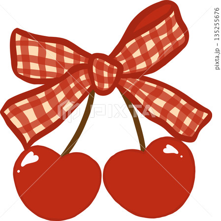 Vintage Cherry Hearts with Gingham Ribbon Hand Drawn 135255676
