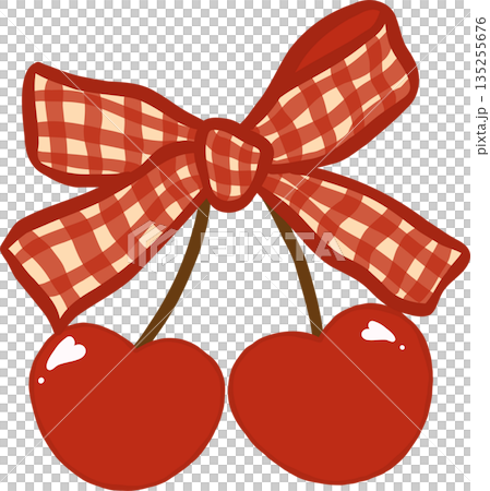 Vintage Cherry Hearts with Gingham Ribbon Hand Drawn 135255676