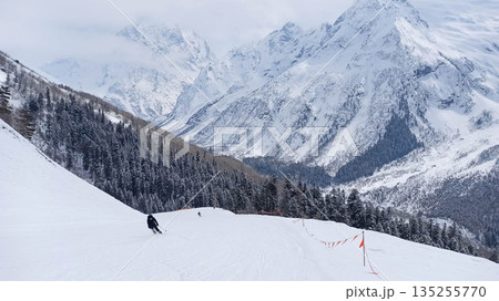 Skier descending a snowy slope at Dombay resort 135255770