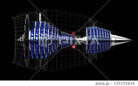 Jet engine inside - on black background - 3D illustration 135255834