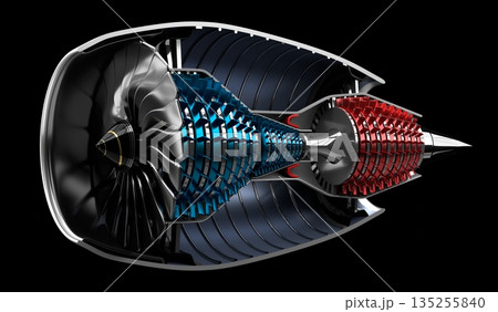 Jet engine inside - on black background - 3D illustration Jet engine inside - on black background - 3D illustration 135255840
